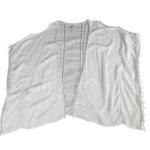 Xhilaration White Boho Kimono Cardigan Womens M/L, Back Lace, Tassel Trim Hippie